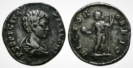 (Silver. 2.94g 18mm) Geta AD 198-211.
Laureate, draped and cuirassed bust to right
Rev: Sol standing facing, head left, holding globe and spear
Ver...