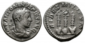(Silver.2.83g 19mm) ELAGABALUS (218-222). Denarius. Rome.
Laureate and draped bust right.
Rev: Aquila (legionary eagle) flanked by two standards.
R...