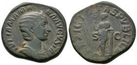 (Bronze, 23.39g 31mm) JULIA MAMEA. Sestertius. AE 228 AD Rome. 
 Draped and laureate bust of Julia Mamea on the right
 Rev: Felicitas standing on th...