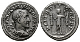 (Silver. 2.73g 20mm) MAXIMINUS THRAX (235-238). Denarius. Rome.
Laureate, draped and cuirassed bust right.
Rev: Maximinus standing left, raising han...