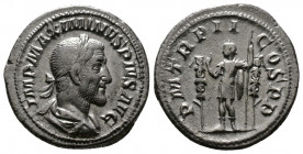 (Silver. 3.54g 21mm) Maximinus I AR Denarius. Rome, AD 235-238. 
laureate, draped and cuirassed bust to right
Rev: Emperor standing to left between ...