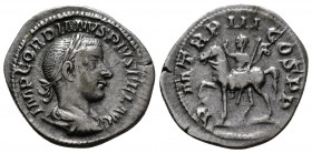 (Silver. 2.70g 19mm) Gordian III, 238-244. Denarius Rome, 240.
Laureate, draped and cuirassed bust of Gordian III to right,
Gordian III on horseback...