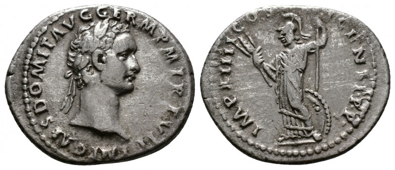 (Silver. 3.39g 22mm) DOMITIAN (81-96). Denarius. Rome.
Laureate head right.
Re...