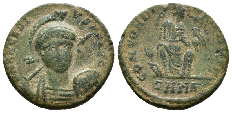 (Bronze, 2.34g 18mm) Arcadius, 383-408. Follis Nicomedia, 401-403. 
Pearl-diade...