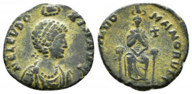 (Bronze, 1.93g 16mm) Aelia Eudoxia, Follis (375-404, wife of Arcadius) Constantinople? Mint.
diademed and draped bust right
Rev. Empress enthroned f...