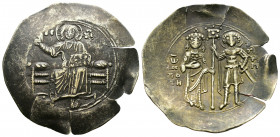 (Electrum. 4.19g 31mm) John II Comnenus, 1118-1143. Aspron Trachy Constantinopolis. 
Christ seated facing on backless throne, wearing pallium and col...