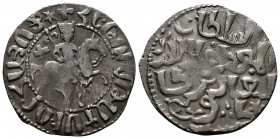 (Silver. 2.95g 23mm) (Armenia/Seljuks Rum) Kayqubad I and Hetoum 1 AR Bilingual Tram. AD 1219-1236. Bilingual issue struck with Kayqubad I.
King on h...