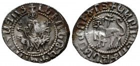 (Silver. 2.74g 20mm) CILICIAN ARMENIA. Levon I, 1198-1219 AD. AR Tram 
King enthroned holding orb and sceptre
Rev: Two lions flanking cross. 
N.282