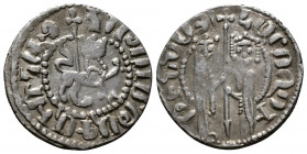 (Silver. 2.99g 21mm) Cilician Armenia, Hetoum I (1226-1270) Half Tram
Queen Zabel and Hetoum I standing facing, both crowned and holding long cross b...