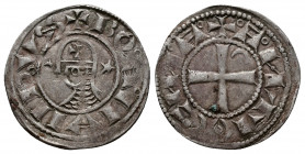 (Silver. 1.04g 19mm) CRUSADERS Antioch. Bohémond III. 1163-1201. AR Denier
helmeted and mailed bust left; 
Rev: ross pattée; 
Metcalf, Crusades , 3...