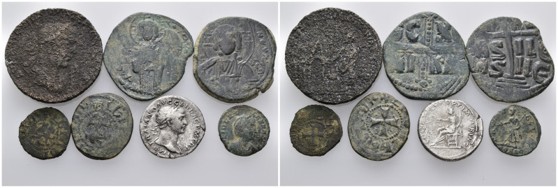 7 ancient pieces (6 bronze 35,26gr), (1 silver 3,28gr) sold as seen