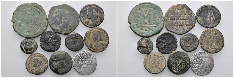 10 ancient pieces (9 bronze 52,92gr), (1 silver 2,63gr) sold as seen