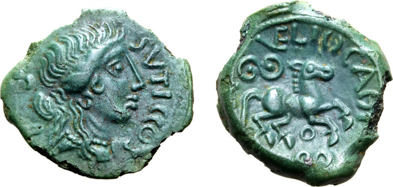 Northeast Gaul, the Veliocassi Æ 18mm. Circa 50-30 BC. Female head to right; SVT...
