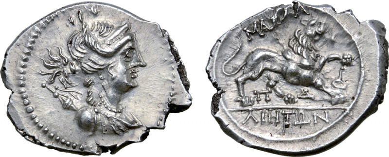 Gaul, Massalia AR Drachm. Circa 150-125 BC. Draped bust of Artemis to right, wea...