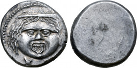 Etruria, Populonia AR 20 Asses. 3rd century BC. Diademed gorgoneion facing; XX (mark of value) below / Blank. SNG Leake 62; EC I, 59.8 (this coin); SN...