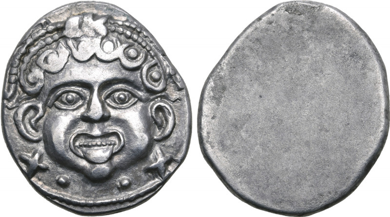 Etruria, Populonia AR 20 Asses. Circa 300-250 BC. Facing head of Metus with curl...
