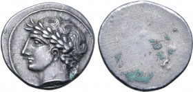Etruria, Populonia AR 10 Asses. Circa 300-250 BC. Laureate male head to left; X (mark of value) behind / Blank. EC I, 70.29 (this coin); SNG ANS 26 (s...