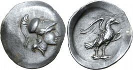 Latium, Alba Fucens AR Obol. Circa 280-275 BC. Helmeted head of Minerva to right / Eagle standing to right on thunderbolt, with wings spread. Stazio 3...
