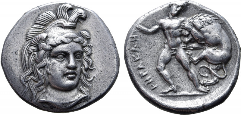 Lucania, Herakleia AR Stater. Circa 350 BC. Head of Athena facing three-quarters...