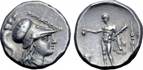 Lucania, Herakleia AR Stater. Circa 276-250 BC. Head of Athena to right, wearing Corinthian helmet adorned with griffin; ՒHPAKΛEIΩN above / Herakles s...