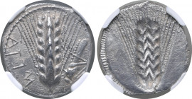 Lucania, Metapontion AR Stater. Circa 470-440 BC. Ear of barley with seven grains on each side; META upwards to left, grasshopper downwards to right; ...