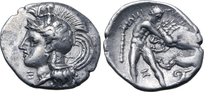 Calabria, Tarentum AR Diobol. Circa 380-325 BC. Head of Athena to left, wearing ...