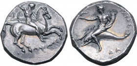 Calabria, Tarentum AR Didrachm. Contemporary imitation. Circa 302-280 BC. Dakimos, magistrate. Warrior on horseback to right, thrusting spear downward...