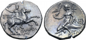 Calabria, Tarentum AR Nomos. Circa 240-228 BC. Kallikrates, magistrate. Reduced standard. Strategos, holding Nike who crowns him, in extended right ha...
