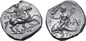 Calabria, Tarentum AR Nomos. Circa 240-228 BC. Kallikrates, magistrate. Reduced standard. Strategos, [holding Nike who crowns him], in extended right ...