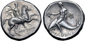 Calabria, Tarentum AR Nomos. Circa 240-228 BC. Aristippos, magistrate. Reduced standard. Nude rider on horseback to right, holding filleted palm; mono...
