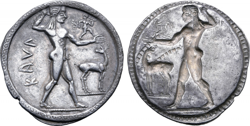 Bruttium, Kaulonia AR Stater. Circa 525-500 BC. Nude Apollo advancing to right, ...