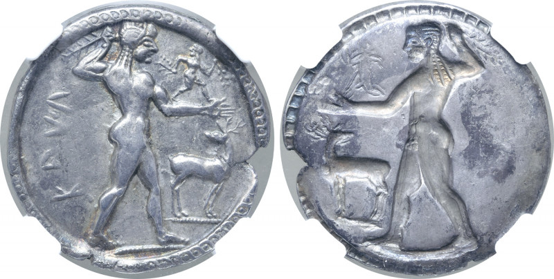 Bruttium, Kaulonia AR Stater. Circa 525-500 BC. Nude Apollo advancing to right, ...