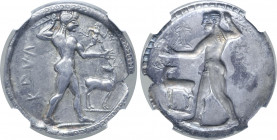 Bruttium, Kaulonia AR Stater. Circa 525-500 BC. Nude Apollo advancing to right, holding laurel branch in upright right hand, small daimon running to r...