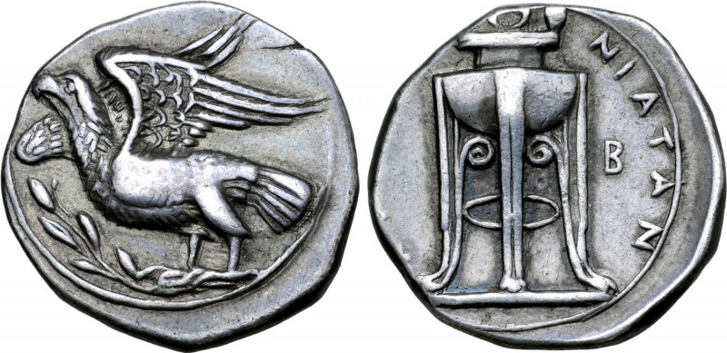 Bruttium, Kroton AR Stater. Circa 350-300 BC. Eagle standing to left on olive br...