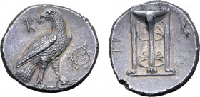Bruttium, Kroton AR Stater. Circa 280-277 BC. Reduced standard. Eagle standing to right on thunderbolt, head reverted; KP monogram to left, wreath to ...