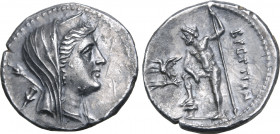 Bruttium, The Brettii AR Drachm. Second Punic War issue, circa 216-214 BC. Veiled head of Hera Lakinia to right, wearing polos; sceptre over shoulder,...