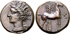 North Africa, Carthage Æ Unit. Circa 400-350 BC. Wreathed head of Tanit to left / Horse standing to right before palm tree; three pellets before. MAA ...