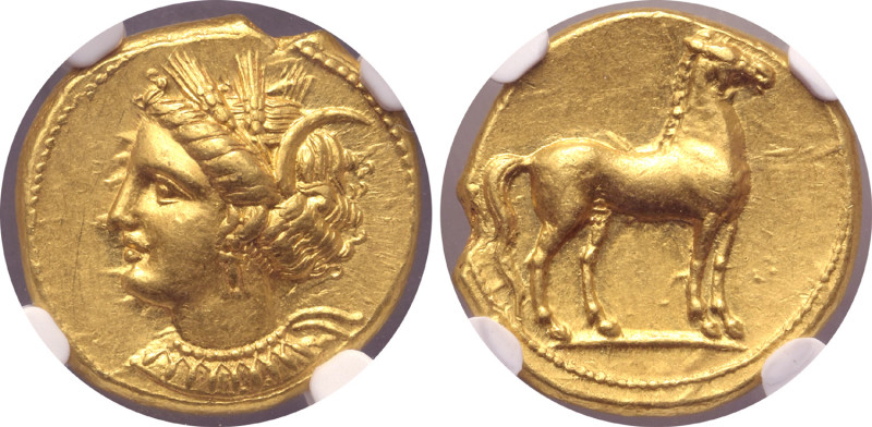 North Africa, Carthage AV Stater. Circa 350-320 BC. Wreathed head of Tanit to le...