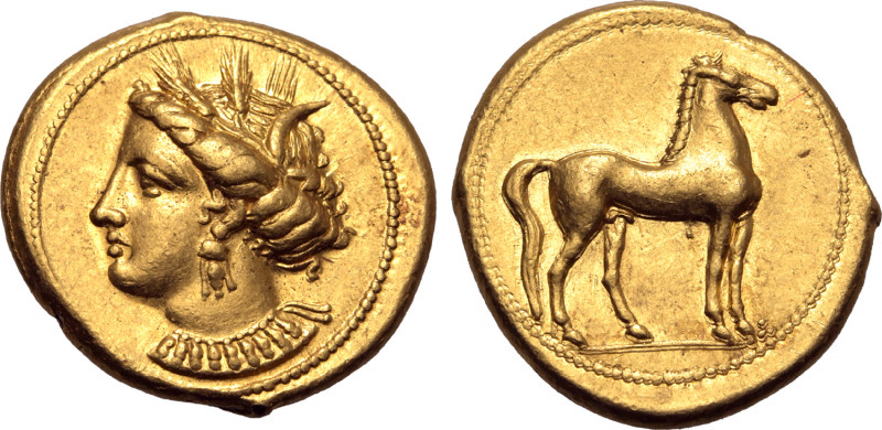 North Africa, Carthage AV Stater. Circa 350-320 BC. Wreathed head of Tanit to le...