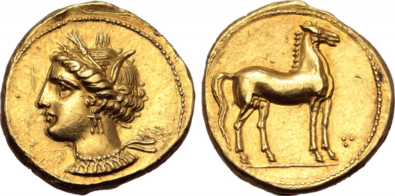 North Africa, Carthage AV Stater. Circa 350-320 BC. Wreathed head of Tanit to le...