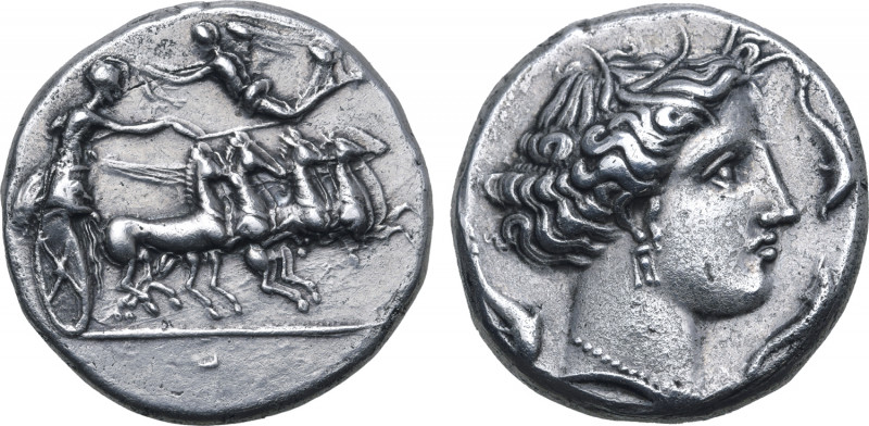 Sicily, Siculo-Punic AR Tetradrachm. Solus(?), circa 400-350 BC. Charioteer, hol...