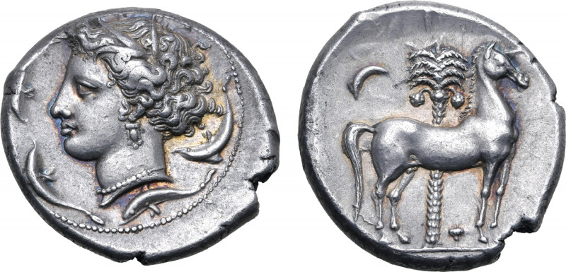 Sicily, Siculo-Punic AR Tetradrachm. Entella, circa 350-315 BC. Head of Tanit-Pe...