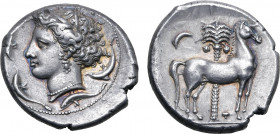 Sicily, Siculo-Punic AR Tetradrachm. Entella, circa 350-315 BC. Head of Tanit-Persephone to left, wearing wreath of grain leaves, triple-pendant earri...