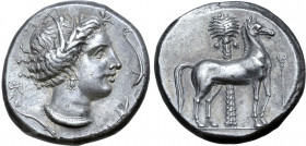 Sicily, Siculo-Punic AR Tetradrachm. Entella, circa 345/38-320/15 BC. Head of Arethusa to right, wearing wreath of grain ears and leaves, triple-penda...