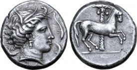 Sicily, Siculo-Punic AR Tetradrachm. Entella, circa 345/38-320/15 BC. Head of Tanit-Persephone to right, wearing wreath of grain ears, triple-pendant ...