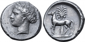 Sicily, Siculo-Punic AR Tetradrachm. Entella, circa 345/38-320/15 BC. Head of Tanit-Persephone to left, wearing wreath of grain / Horse prancing to le...