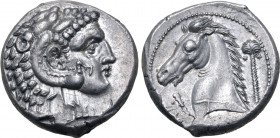 Sicily, Siculo-Punic AR Tetradrachm. Entella or Lilybaion(?), circa 300-289 BC. Head of Herakles to right, wearing lion skin headdress / Head of horse...