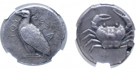 Sicily, Akragas AR Tetradrachm. Circa 465-440 BC. Sea eagle standing to left, with wings closed; AKPACANTOΣ (partially retrograde) around / Crab withi...
