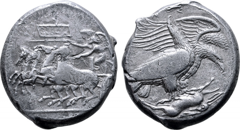 Sicily, Akragas AR Tetradrachm. Circa 410-406 BC. Reverse die signed by Silanos....