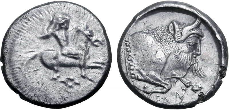 Sicily, Gela AR Didrachm. Circa 490/85-480/75 BC. Nude warrior, holding javelin,...